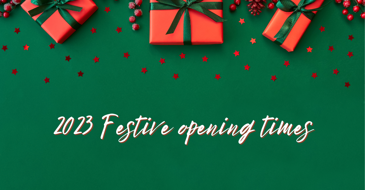 Festive green background with title 2023 "Festive opening time"