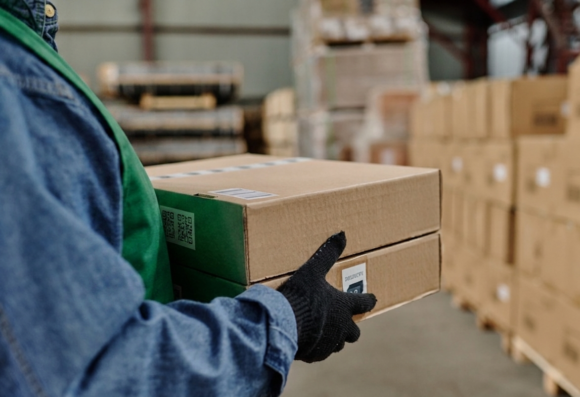 Worker carrying boxes for distribution in warehouse