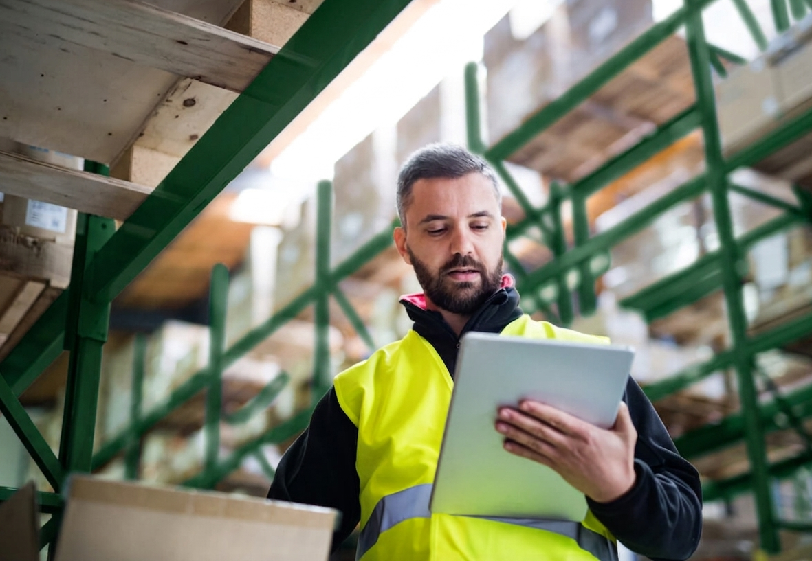 Male warehouse worker with tablet